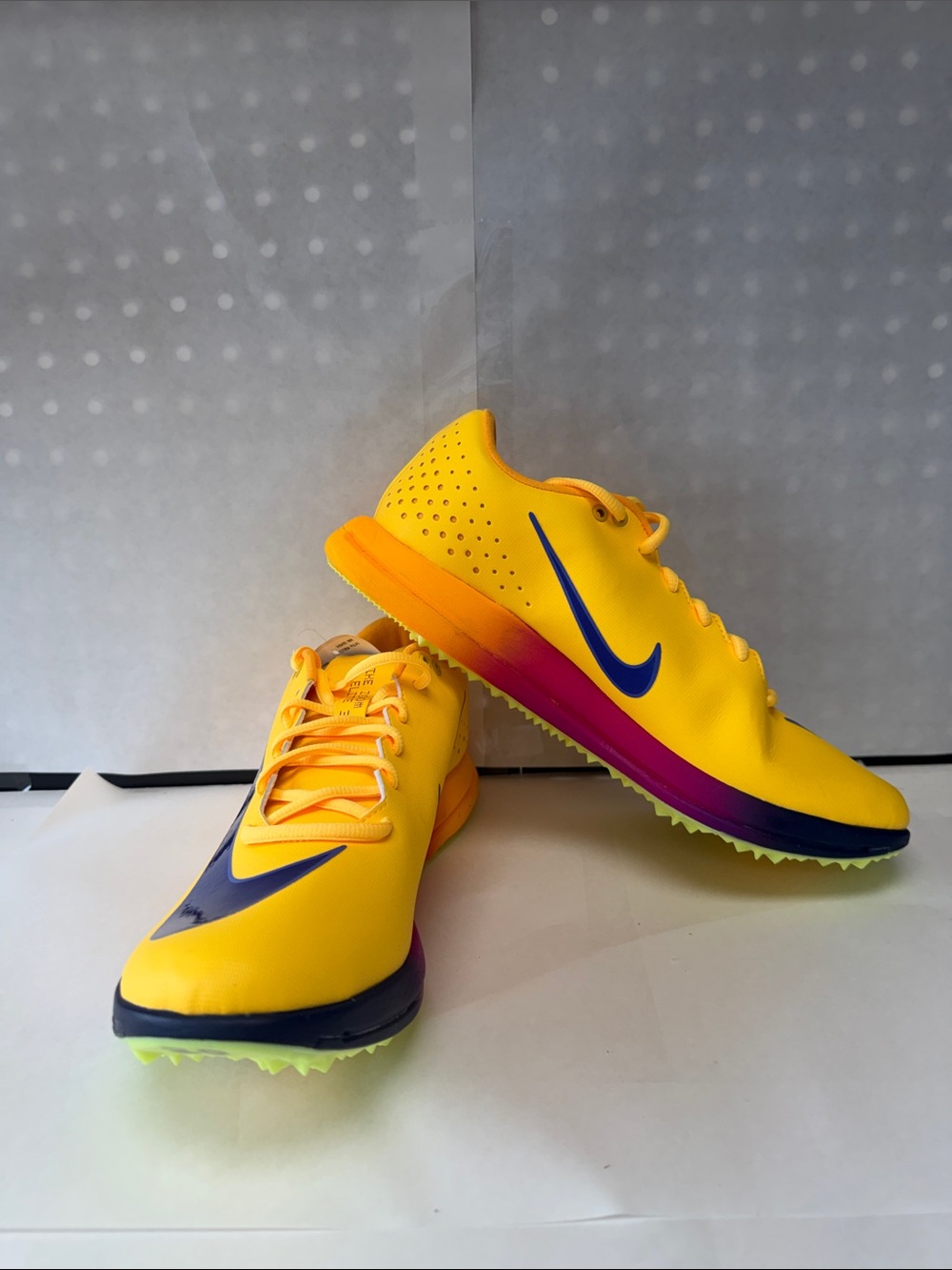 Nike Yellow Track Spikes with Blue Swoosh and Purple Gradient Midsole size 11